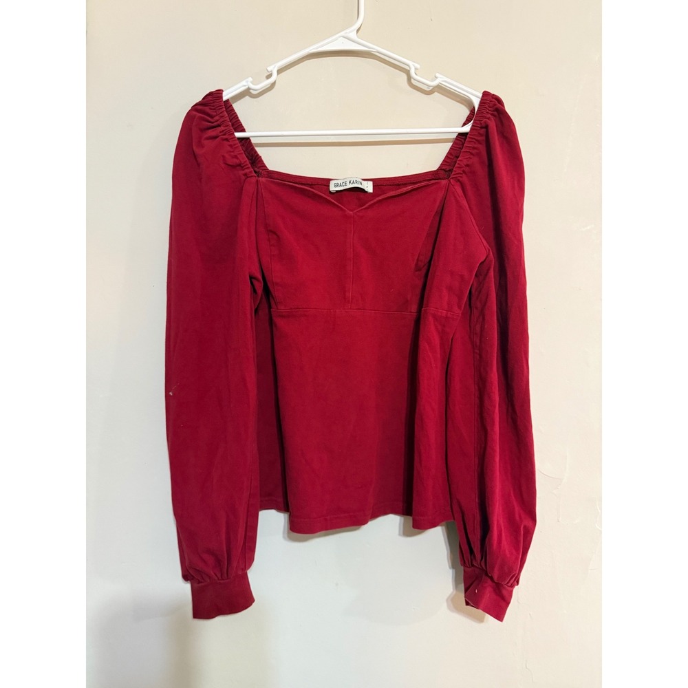 Grace Karin Red Square Neck Long‎ Sleeve Puff Sleeve Top Women's Size L Feminine